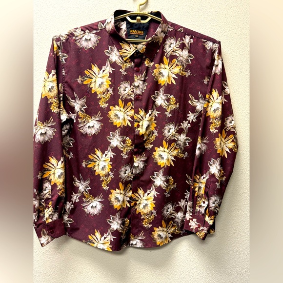 PAVINI Men’s gold lined Floral Burgundy Dress Shirt size 3XL - Picture 1 of 5